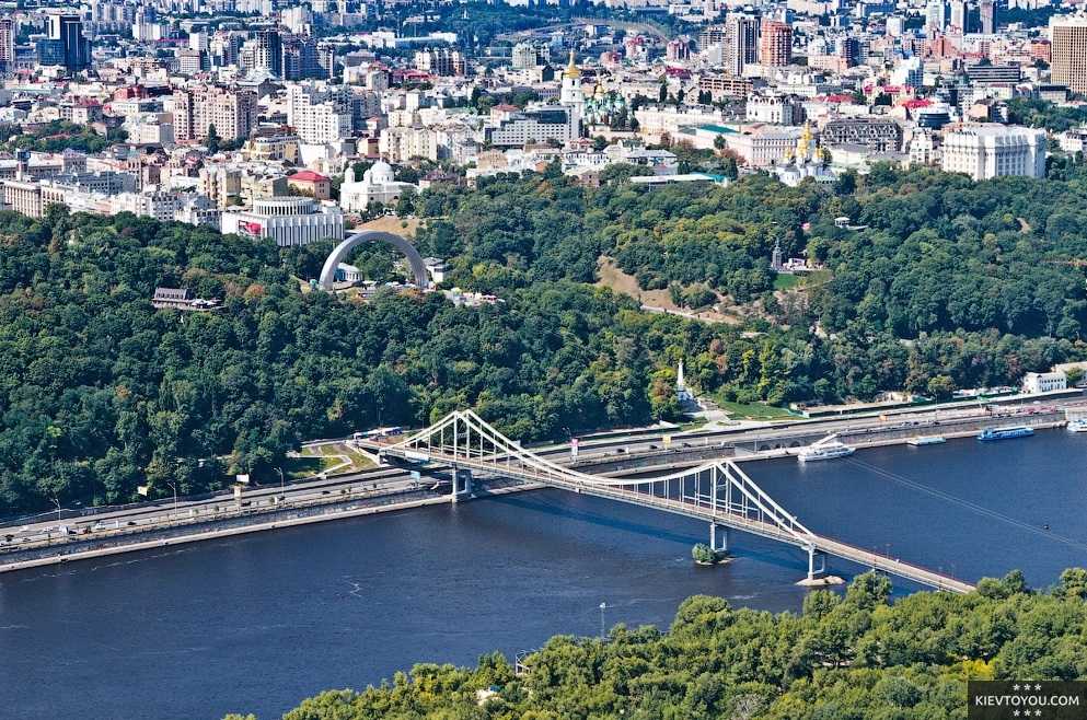 Вид на пешеходный мост с воздуха со стороны Труханова острова